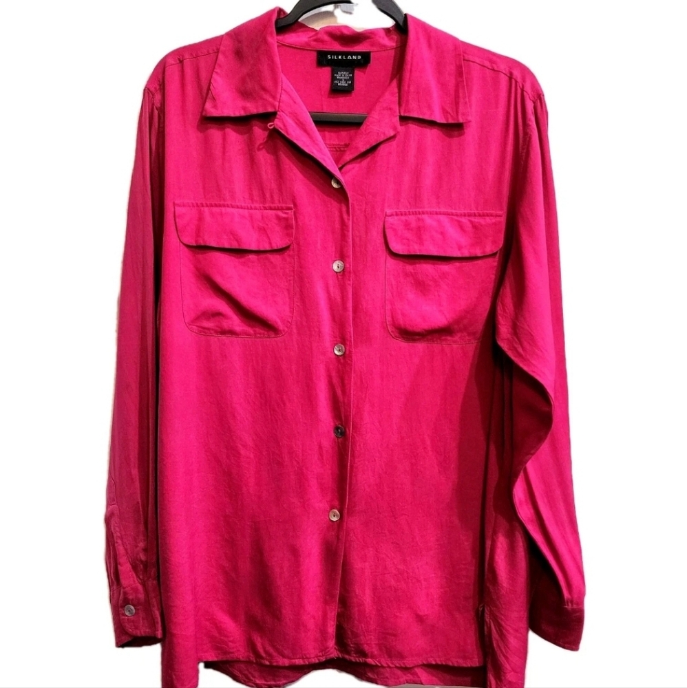 SilkLand 100% Pure Silk Vibrant Pink Pearlescent Button Up Blouse Women~ Medium